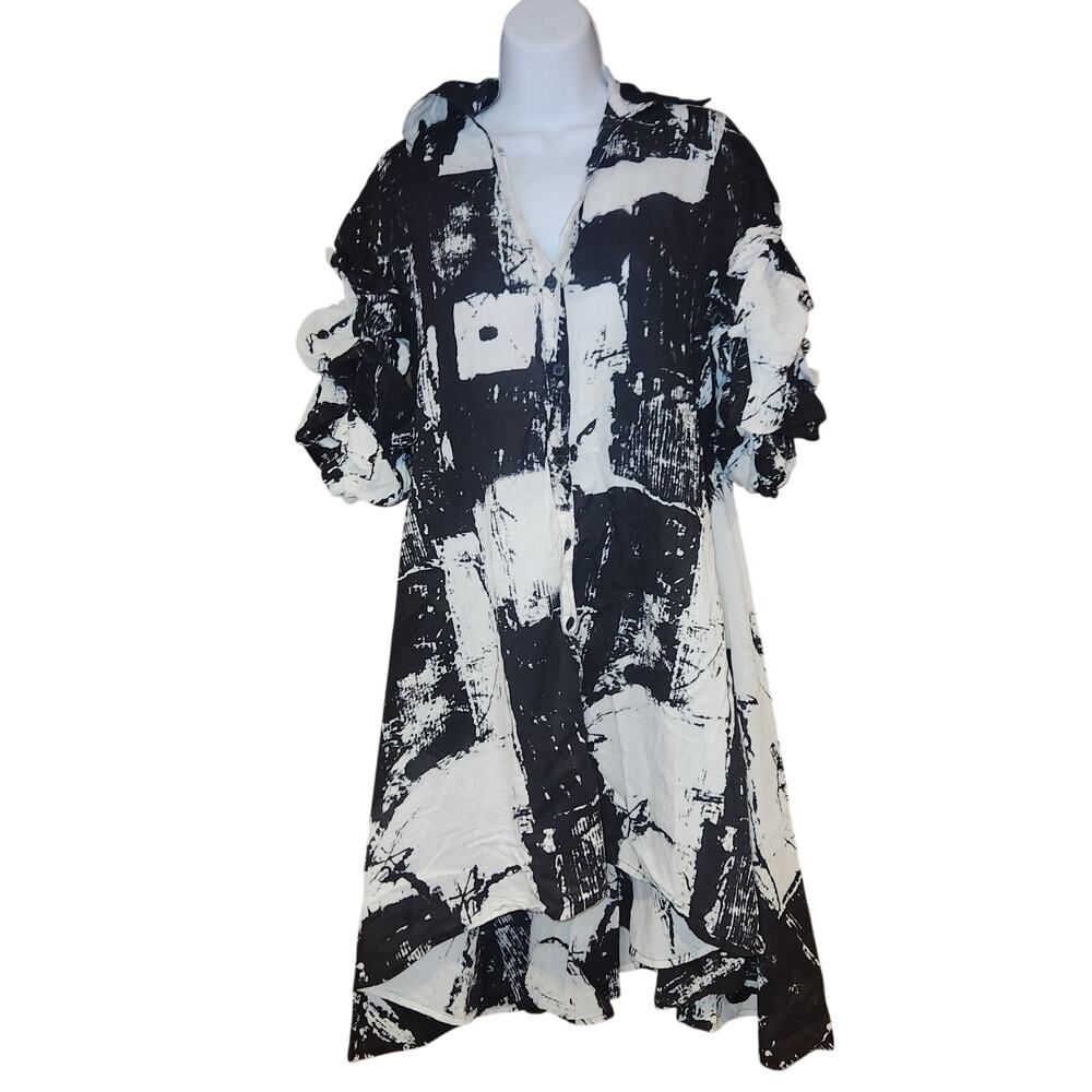 Step In Style Black And White Abstract Puff/ruffled‎ Sleeve Hi-low Dress Sz S